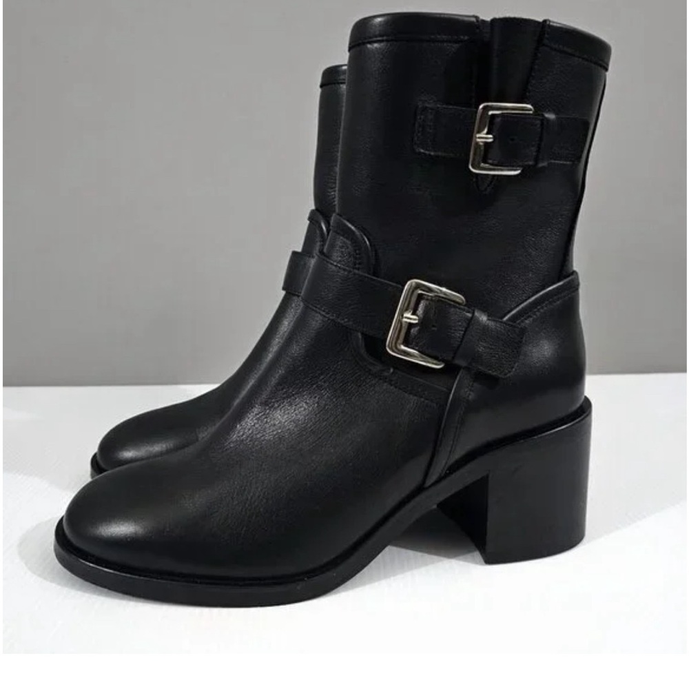 Aquatalia Billina Ankle Boot Buckle Moto Heeled Shoe Black Leather Size 6.5